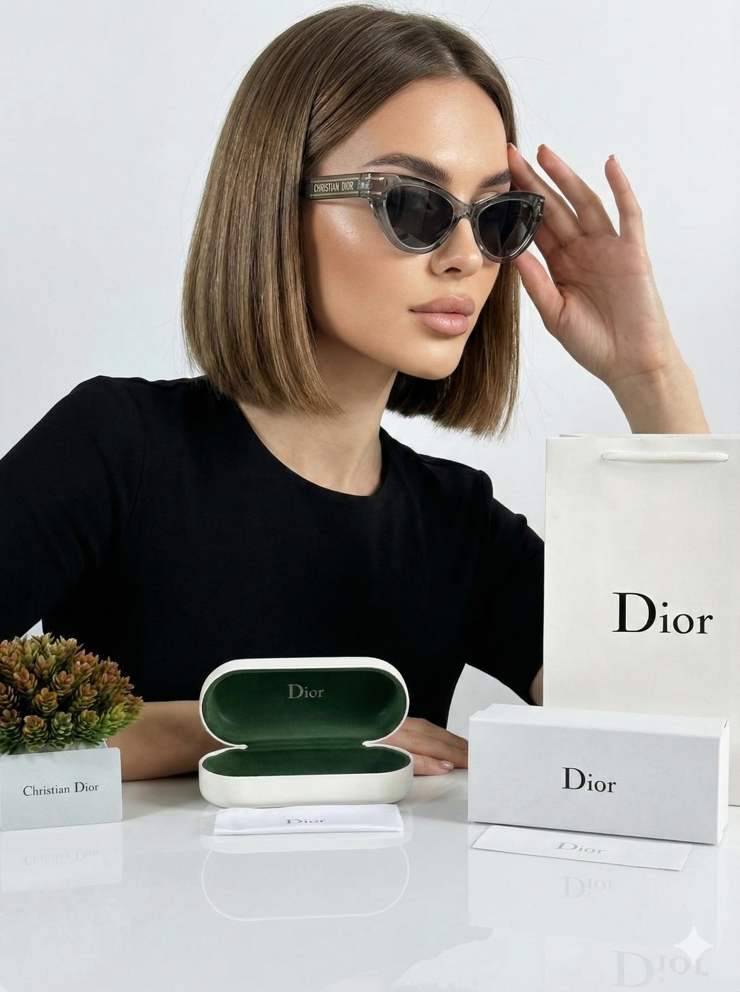 Diior Luxury Grey Cat-Eye Sunglasses – Premium Full Kit